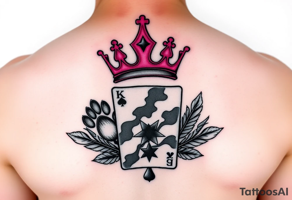 pink princess crown on top of puppy paw prints, king of hearts card, army camouflage star, feathers tattoo idea