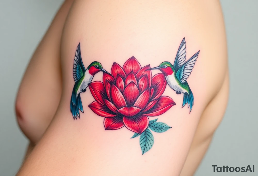 A pair of hummingbirds circling a blooming lotus (only red , blue and black are possible colors) tattoo idea