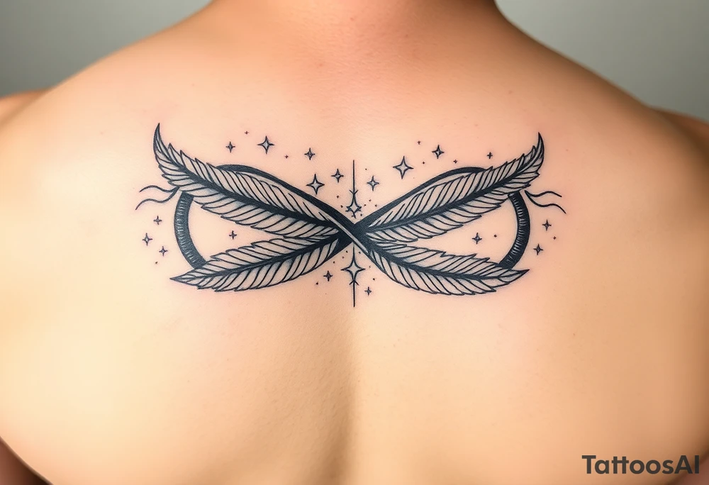 infinity symbol woven with floating feathers and stardust tattoo idea