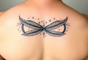 infinity symbol woven with floating feathers and stardust tattoo idea