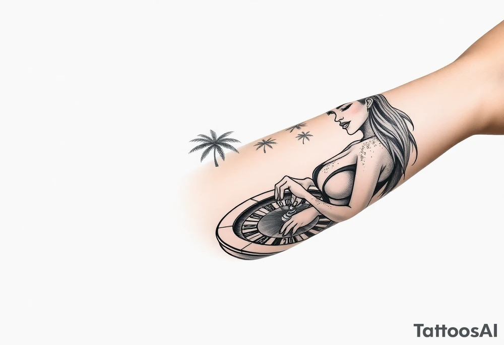 palm tree beach background gambler miami girl roulette on forearm tattoo idea