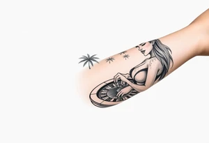 palm tree beach background gambler miami girl roulette on forearm tattoo idea