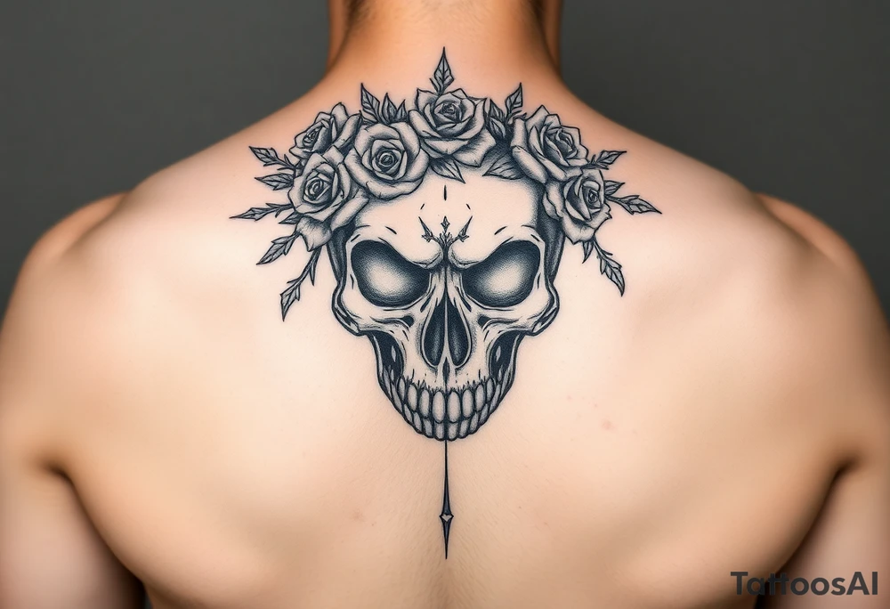 ornate skull adorned with crown of wild roses and thorns tattoo idea
