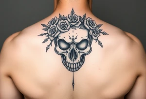 ornate skull adorned with crown of wild roses and thorns tattoo idea