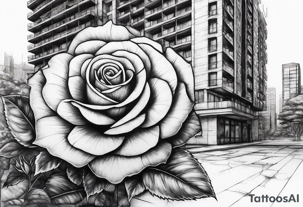 Rose growing from concrete with a 6 floor building in the background with 1570 address tattoo idea