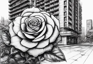 Rose growing from concrete with a 6 floor building in the background with 1570 address tattoo idea