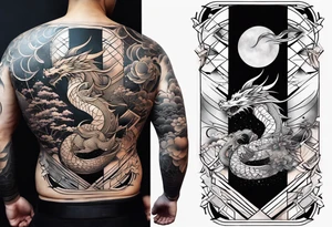 Full sleeve Tatoo that contains these elements 
Katana
Dragon
Samurai
Galaxy
Geometry ( like the golden ratio, lines, etc)
Waves
Sakura tattoo idea