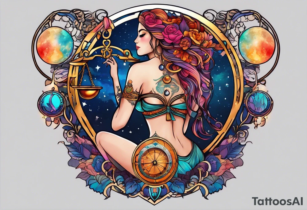 Libra woman holding scales with a night zodiac background including a half moon that encircles half of the woman with vibrant colors tattoo idea