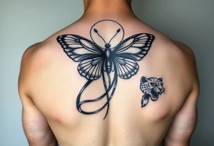 ethereal butterfly with flowing silk ribbons in moonlight with panther tattoo idea