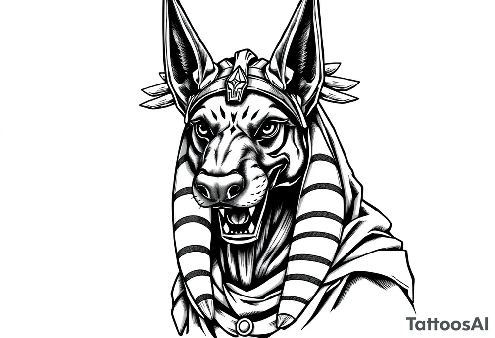 Egyptian Anubis god powerful face muscle in Egypt style with mantle on head dog face long ears tattoo idea