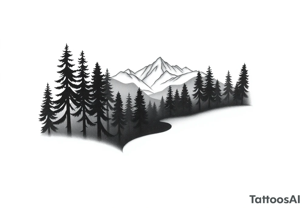 Winding path fading into misty forest, re-emerging toward distant mountains. Dark trees, bright peaks. Black and white, minimalist tattoo idea