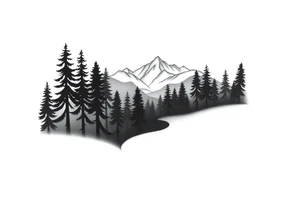 Winding path fading into misty forest, re-emerging toward distant mountains. Dark trees, bright peaks. Black and white, minimalist tattoo idea