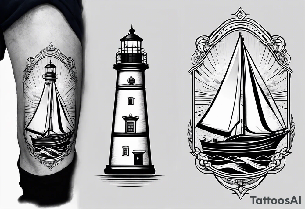 maritime lighthouse in a front view sailboat serving as a mast for a sail. tattoo idea