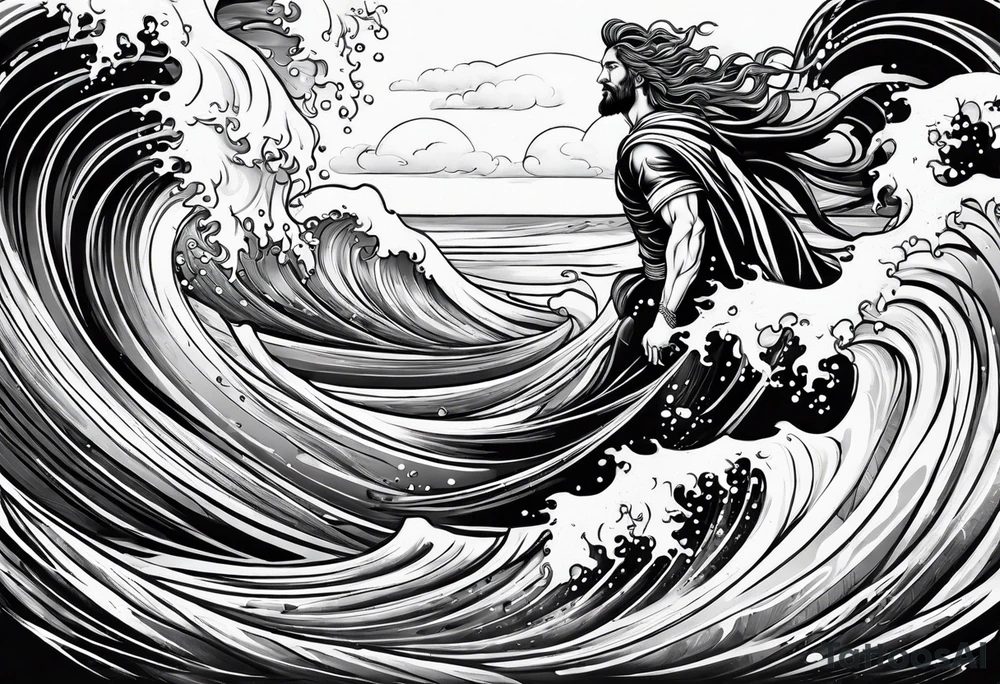 Poseidon steht in einer Welle im Meer tattoo idea