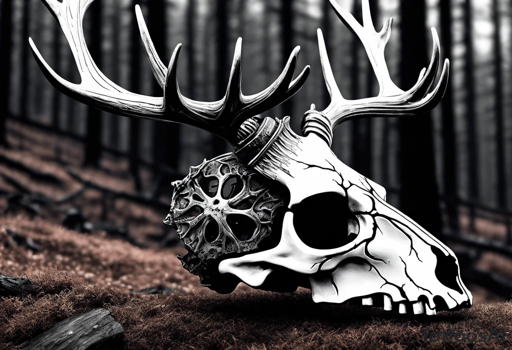A side view of a decayed deer skull with no skin JUST BONE FOREST FIRE tattoo idea