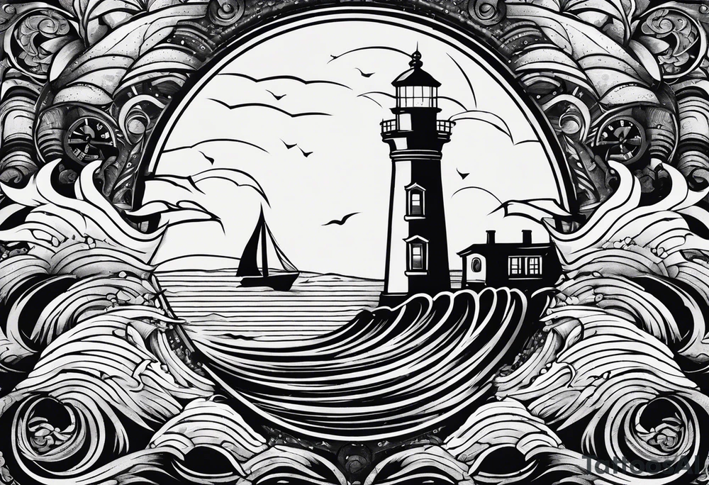 minimalist "open book" with a lighthouse in the middle and a clock and surrounded by waves tattoo idea