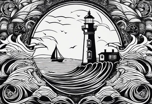 minimalist "open book" with a lighthouse in the middle and a clock and surrounded by waves tattoo idea