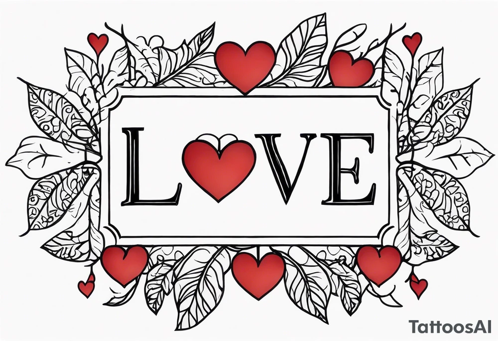 the word love repeated nine times, connected into an armband by ivy leaves and nine hearts tattoo idea