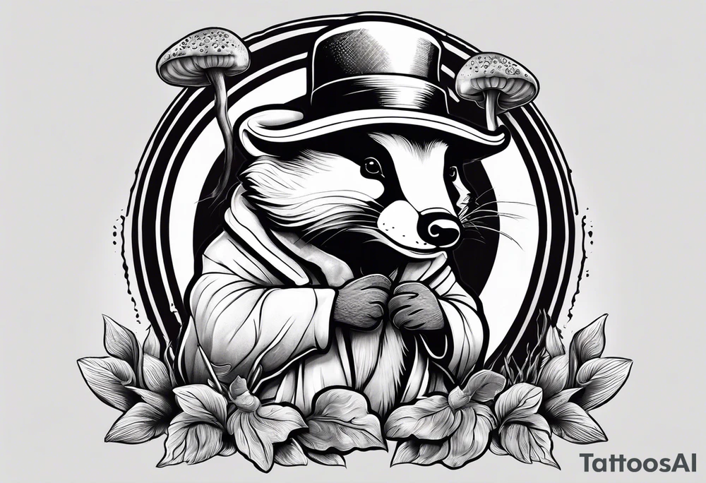 Badger in a coat sitting on a mushroom tattoo idea