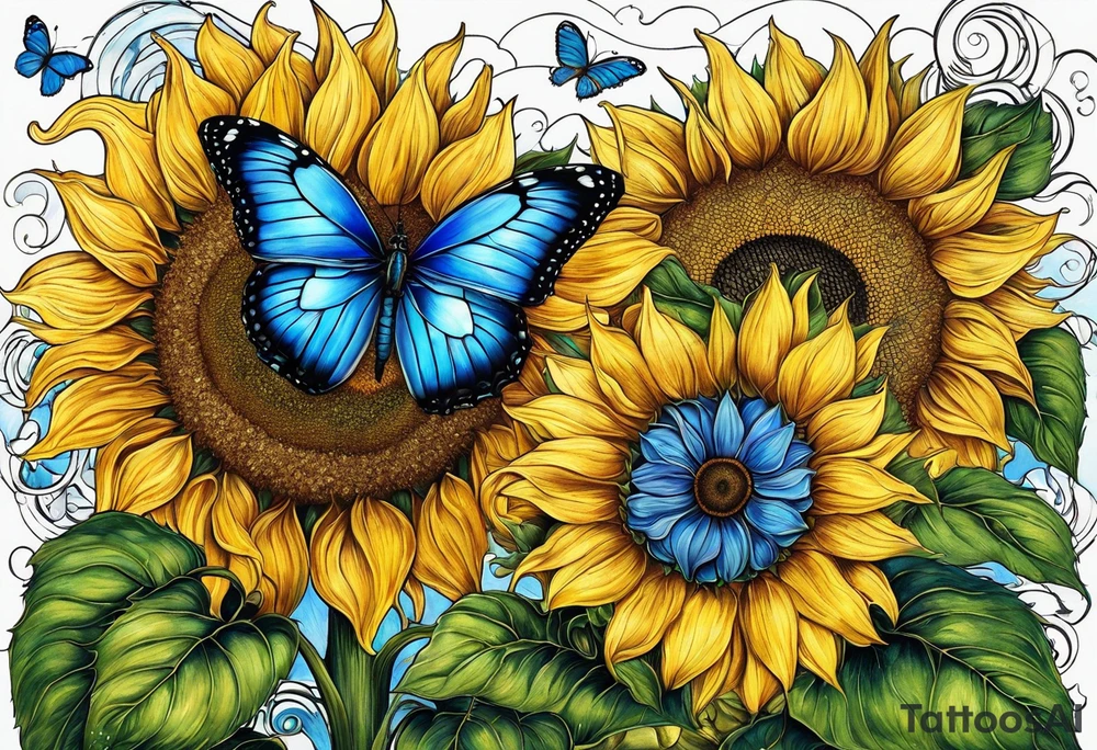 Sunflowers, full moon, blue morpho butterflies, cross tattoo idea