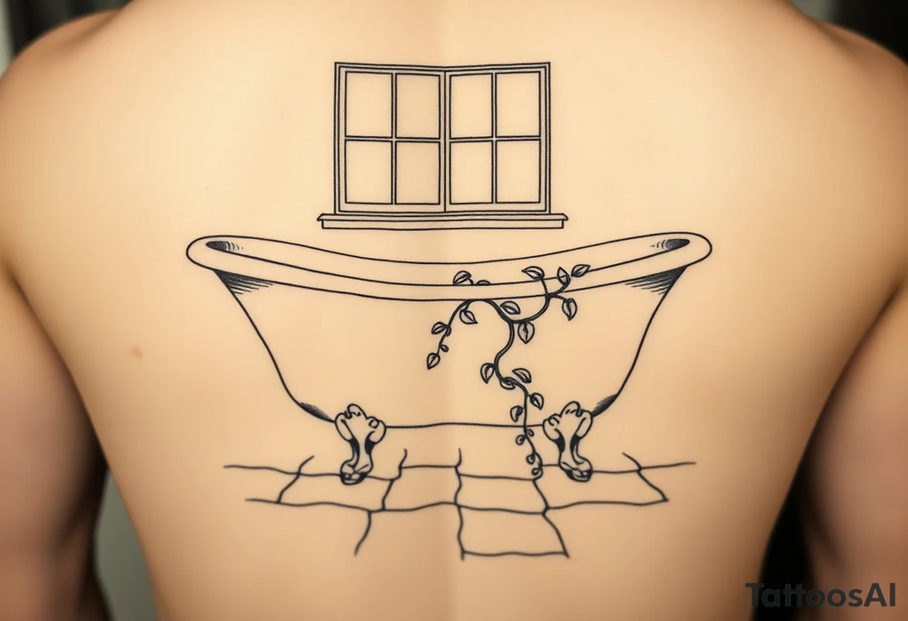 clawfoot bathtub with window above it. add a tile floor with a vine growing through the cracks tattoo idea