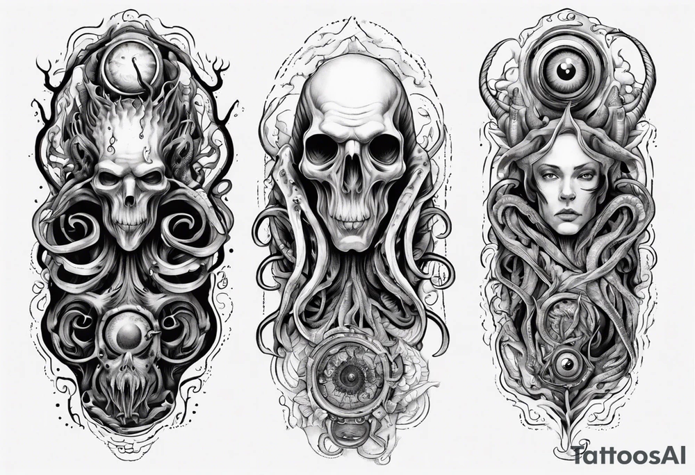 lovecraft long tattoo to put on the forearm, with eye and tentacle tattoo idea