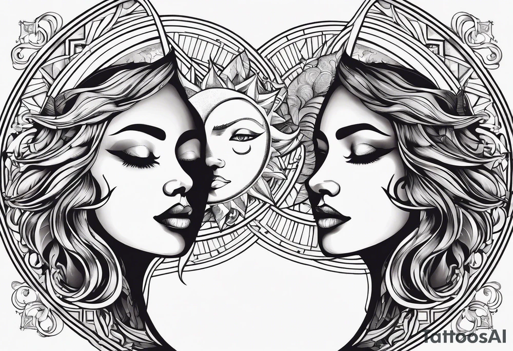 sun and the moon, the overlap
the sun has a woman's half 
face, and the moon, a man's face half making a single face tattoo idea