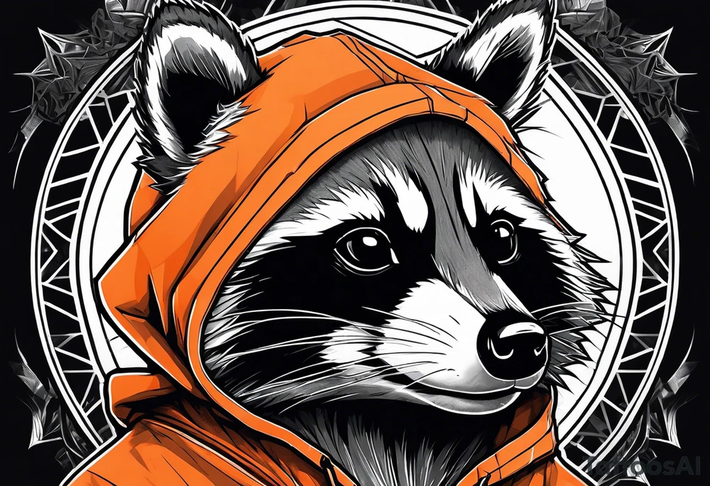 Raccoon wearing an orange Superman hoodie tattoo idea