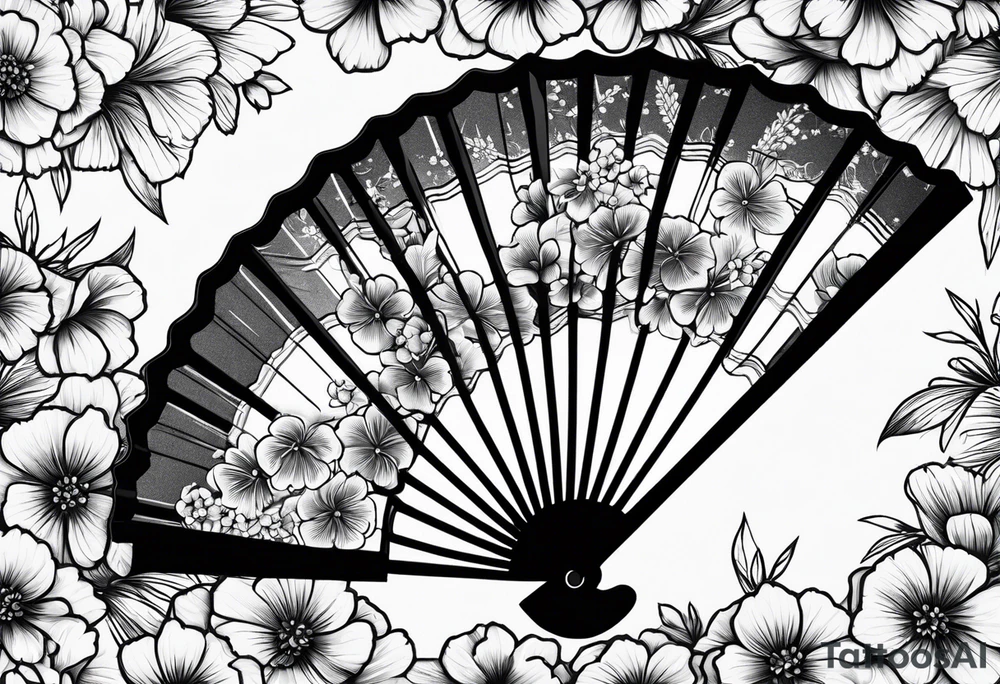 All Black Japanese fan with flowers behind it tattoo idea
