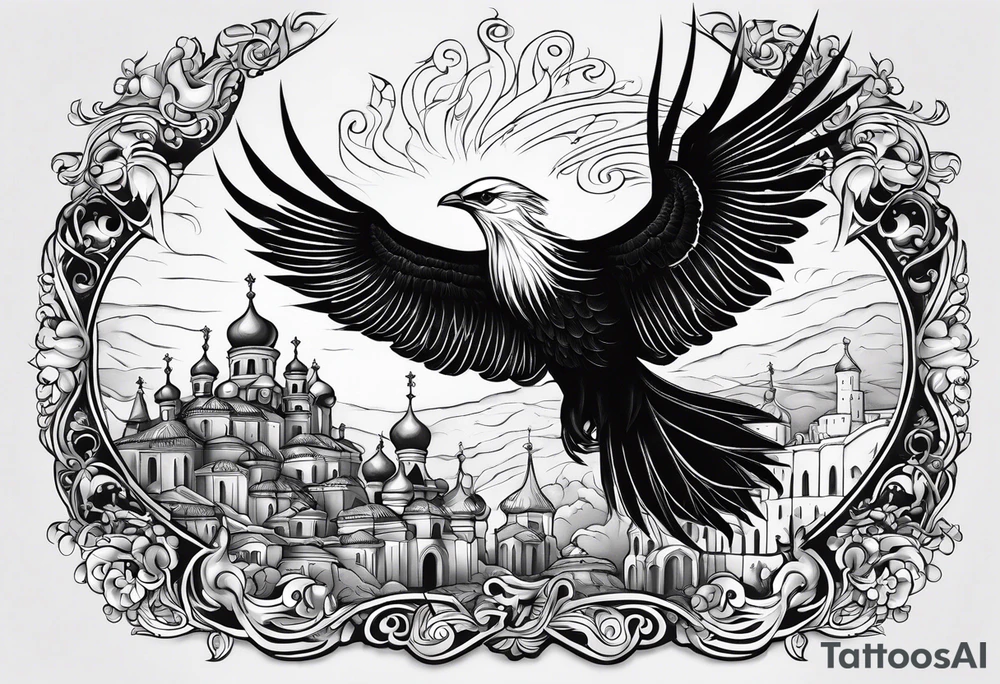 russian firebird in-flight with long fancy tail and 3 small onion cap monastery towers in background, with "Isaiah 43: 18-19" tattoo idea