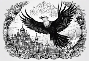 russian firebird in-flight with long fancy tail and 3 small onion cap monastery towers in background, with "Isaiah 43: 18-19" tattoo idea