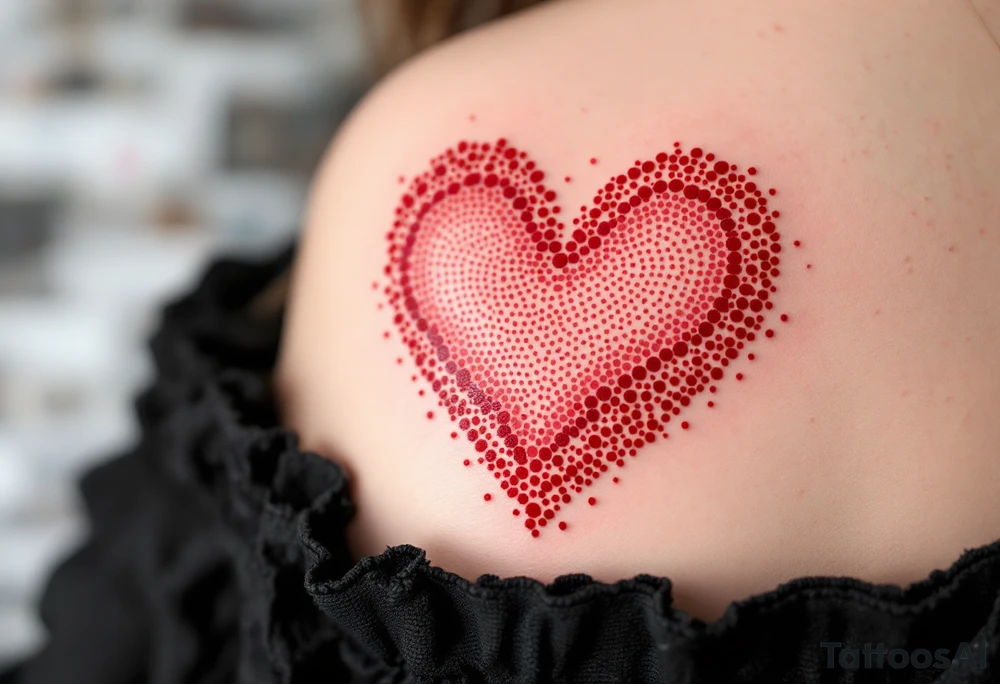 Dotted outline of a heart in red and pink on the shoulder – Soft and emotional with a pixel-art vibe. tattoo idea