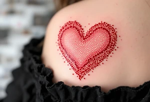 Dotted outline of a heart in red and pink on the shoulder – Soft and emotional with a pixel-art vibe. tattoo idea