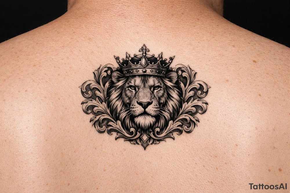 powerful majestic lion with a crown, framed by ornate floral scrollwork tattoo idea