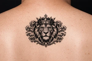powerful majestic lion with a crown, framed by ornate floral scrollwork tattoo idea