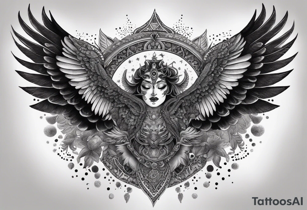black kali, goddess pirate, alien, angel, pachamama, valkrye, warrior, flying, skull, lotus azul, wing, eagle, zenza resonance, stars, 5D, anahata chakra, death, durga, riding on a tiger, flying lady, kundalini, chest tatoo, samuri, rebel, serpent tattoo idea