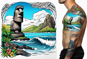 Upper arm piece of Easter island maoi on an island landscape and hawk circling above tattoo idea