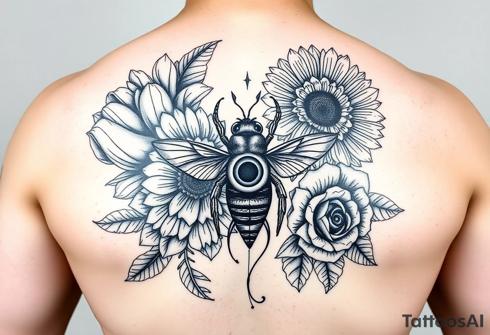 Create a design full sleeve tattoos with Tulip 
Sunflower 
Roses 
Bee 
Water 
Fire 
Earth 
Wind 
Phoenix 
Evil eye 
888 tattoo idea