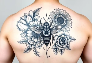 Create a design full sleeve tattoos with Tulip 
Sunflower 
Roses 
Bee 
Water 
Fire 
Earth 
Wind 
Phoenix 
Evil eye 
888 tattoo idea