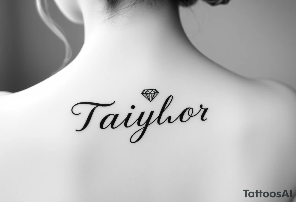 The name Taiylor spelled horizontal with the O as a diamond ring behind the ear tattoo tattoo idea
