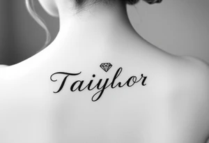 The name Taiylor spelled horizontal with the O as a diamond ring behind the ear tattoo tattoo idea