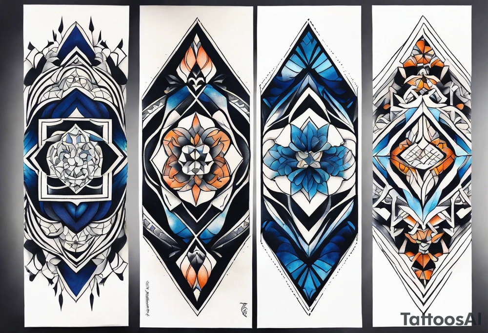 semi Detailed neo traditional knee tattoo flat on paper. The tattoo features geometric patterns and bold lines, creating a visually striking design with slight tints of deep fall colors. The a background featuring deep blues washes and water swirls tattoo idea