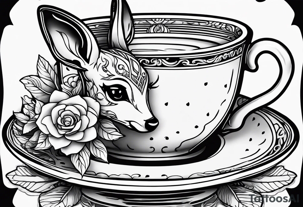 simple line art fawn inside a teacup tattoo idea