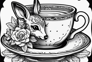 simple line art fawn inside a teacup tattoo idea