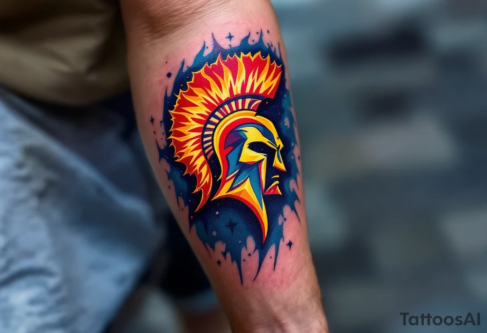 A bold red and yellow HC Sparta Praha logo blazing across a muscular forearm with icy blue shading. tattoo idea