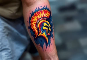A bold red and yellow HC Sparta Praha logo blazing across a muscular forearm with icy blue shading. tattoo idea