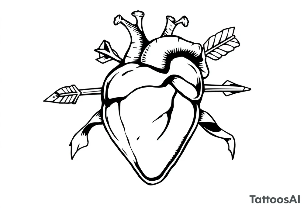 anatomical heart pierced by ornate arrow with flowing ribbons tattoo idea