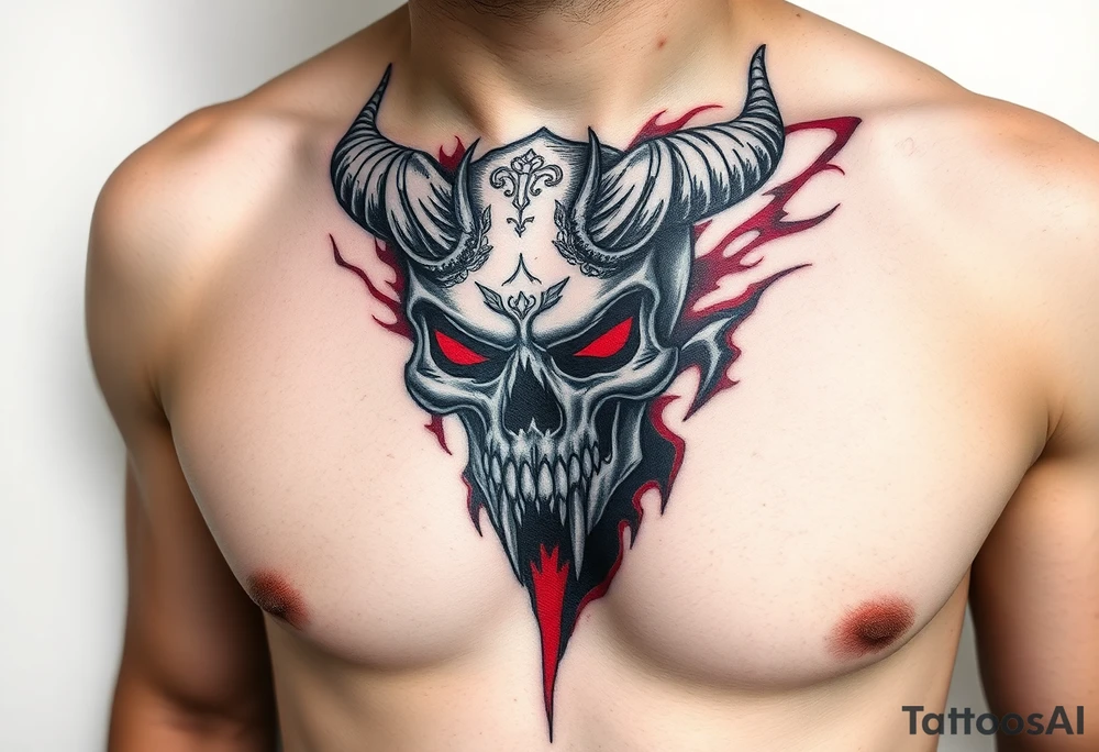 Demon skull black and red on left chest male tattoo idea