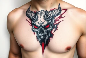 Demon skull black and red on left chest male tattoo idea