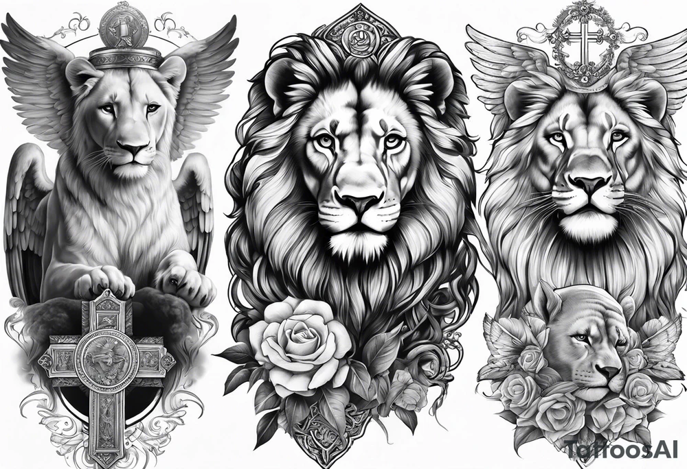 Full sleeve with Lion, cross, praying hands and angels. Incorporate the names Scarlett and Faith in the design tattoo idea